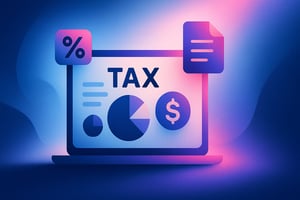 Digital illustration of a laptop screen displaying tax-related graphics including pie charts, a dollar sign, a percentage symbol, and a document icon, representing modern tax technology and financial data analysis.