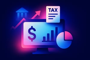 Abstract digital illustration of a computer monitor displaying financial charts, a dollar symbol, and a pie chart, with a tax document and upward arrow in the background symbolizing economic growth and digital tax reporting.