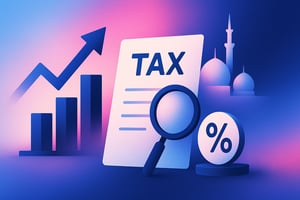 Stylized illustration featuring a tax document, magnifying glass, percentage symbol, and upward-trending bar graph, with Middle Eastern architecture in the background, symbolizing tax analysis and economic growth in the UAE.
