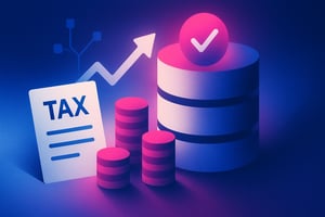 Futuristic illustration of a tax document, stacked coins, and a large data server with a checkmark symbol, representing better tax compliance through centralized digital data solutions.