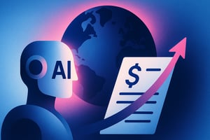 Futuristic illustration of an AI figure holding a financial document with a rising arrow, set against a glowing globe, symbolizing how artificial intelligence is driving advancements in global tax compliance.