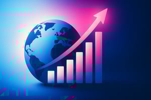 Stylized illustration of a globe with a rising bar chart and upward arrow, symbolizing global economic growth and the impact of modern tax technology solutions.
